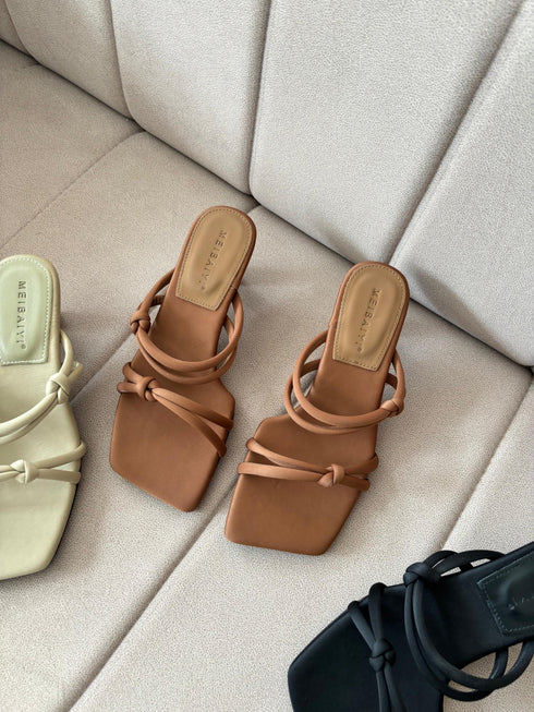 Ladies Double Knot Strap Square Open Toe Slid-On Heel